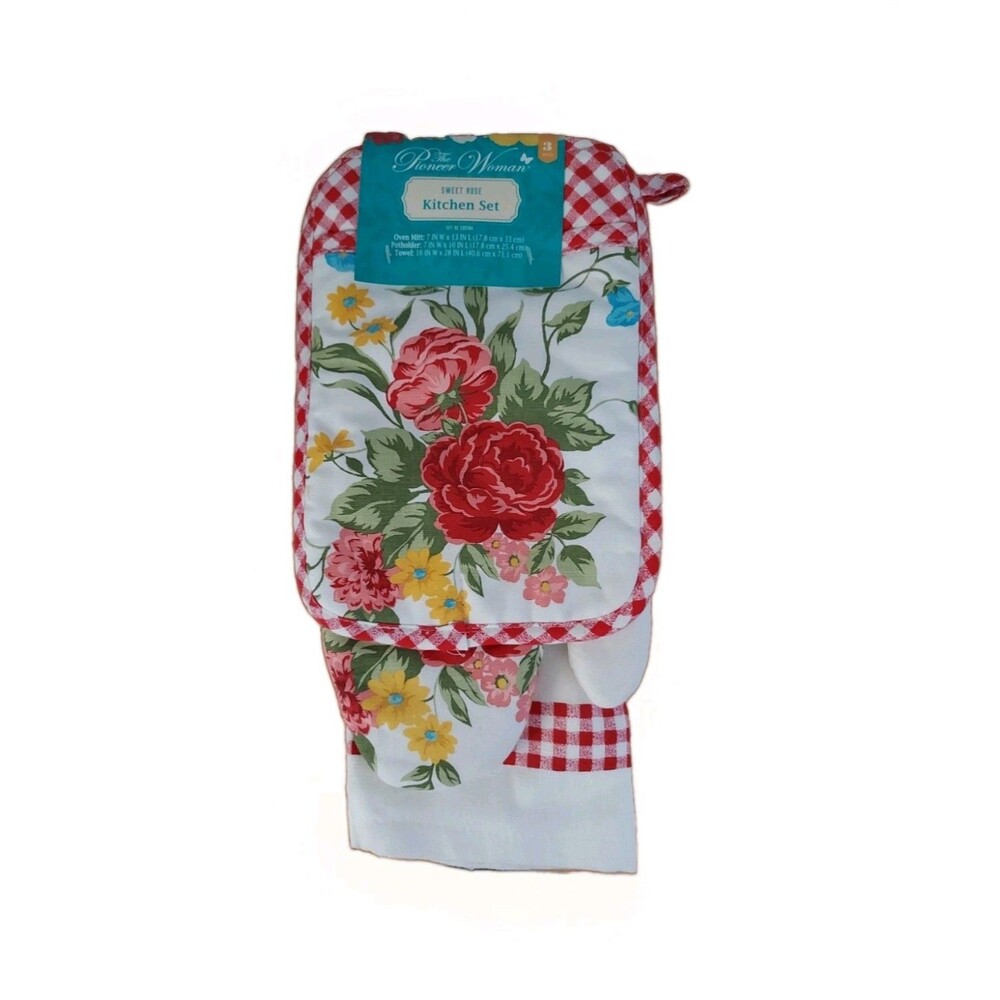 The Pioneer Woman Sweet Rose Kitchen Set Towel Oven Mitt and Potholder NEW